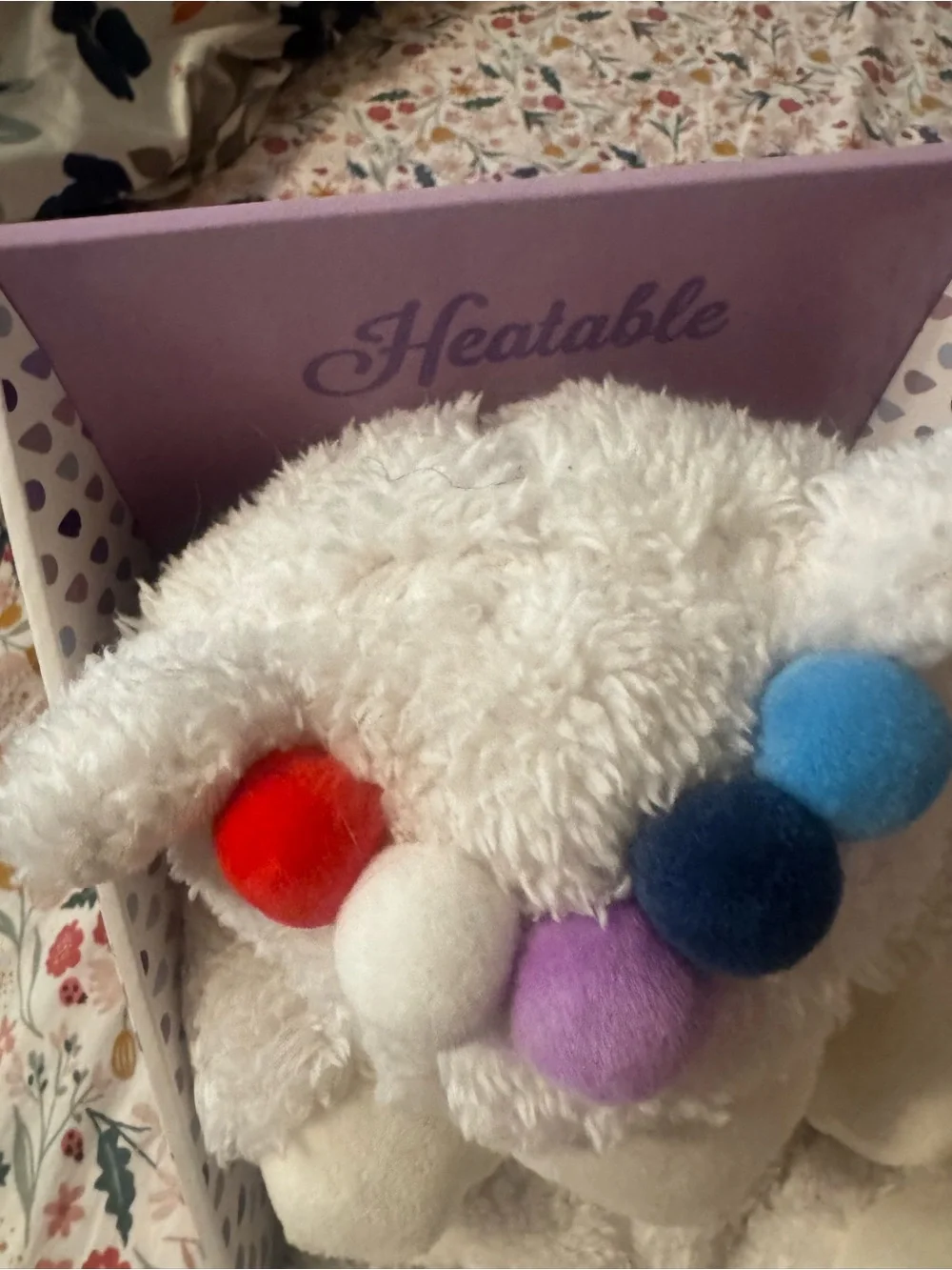 Warm & cozy heatable Plush White Lamb with Rainbow Pom-Pom Headband - Kids Toy